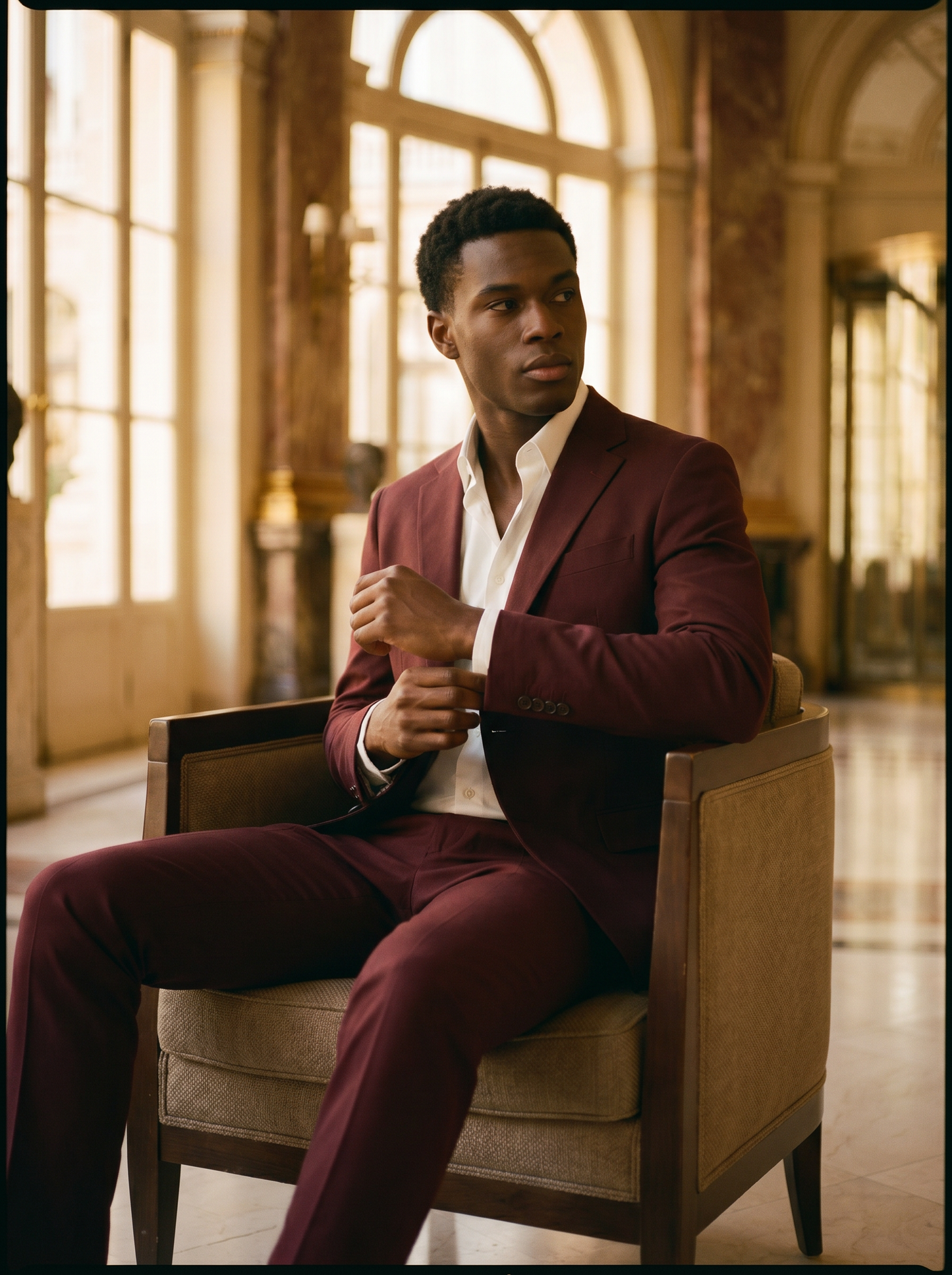 Maroon Cotton Suit — Custom Made to Measure - seated view
