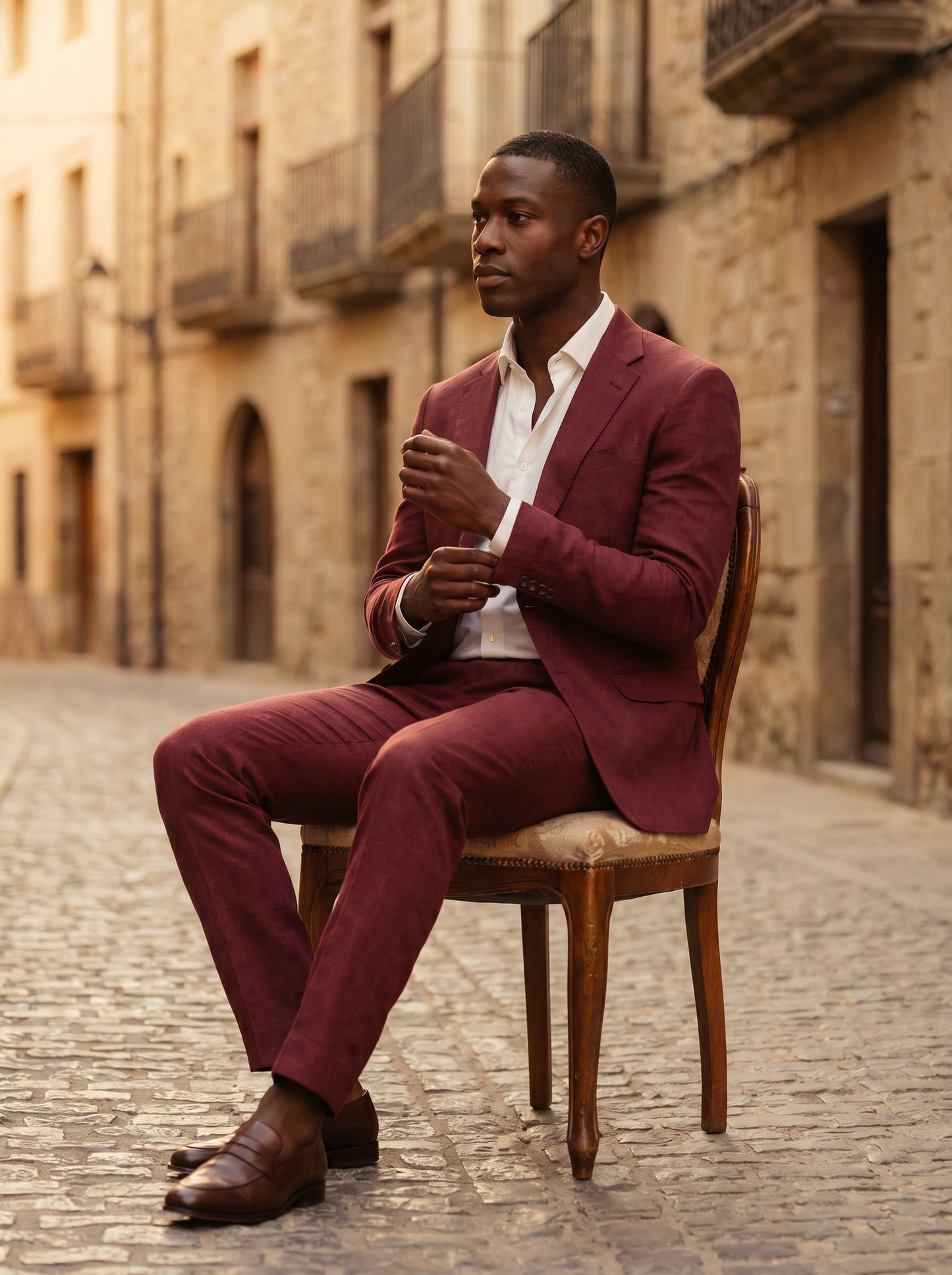Maroon Linen Suit — Custom Made to Measure - seated view