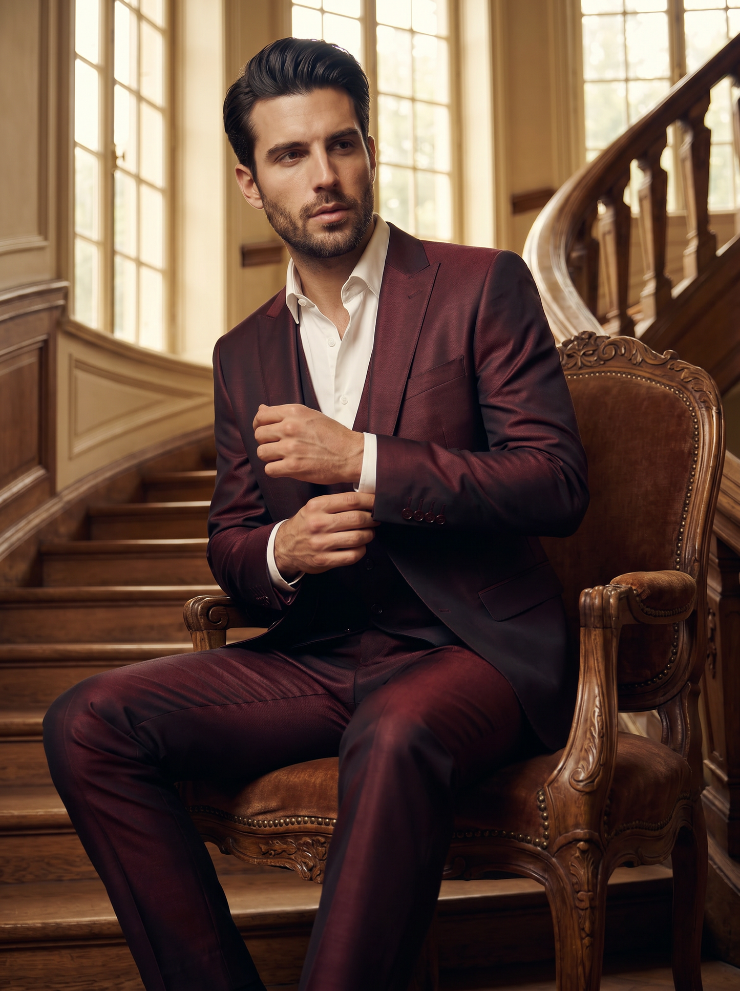Maroon Silk Blend 3-Piece Suit — Custom Made to Measure - seated view