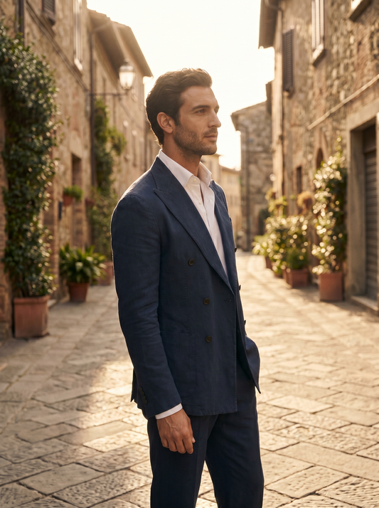 Midnight Blue Cotton Double Breasted Suit — Custom Made to Measure - side view
