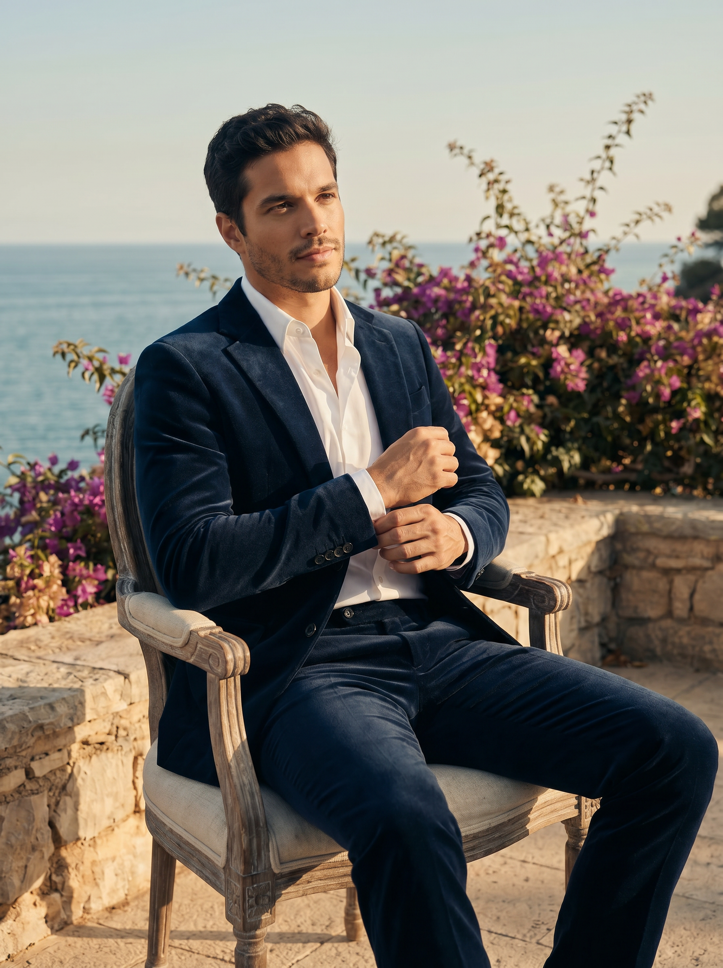 Midnight Blue Velvet Suit — Custom Made to Measure - seated view