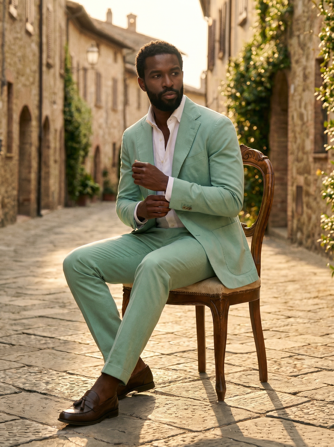 Mint Cotton Suit — Custom Made to Measure - seated view