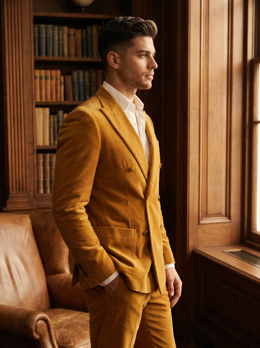 Mustard Velvet Double Breasted Suit — Custom Made to Measure - side view