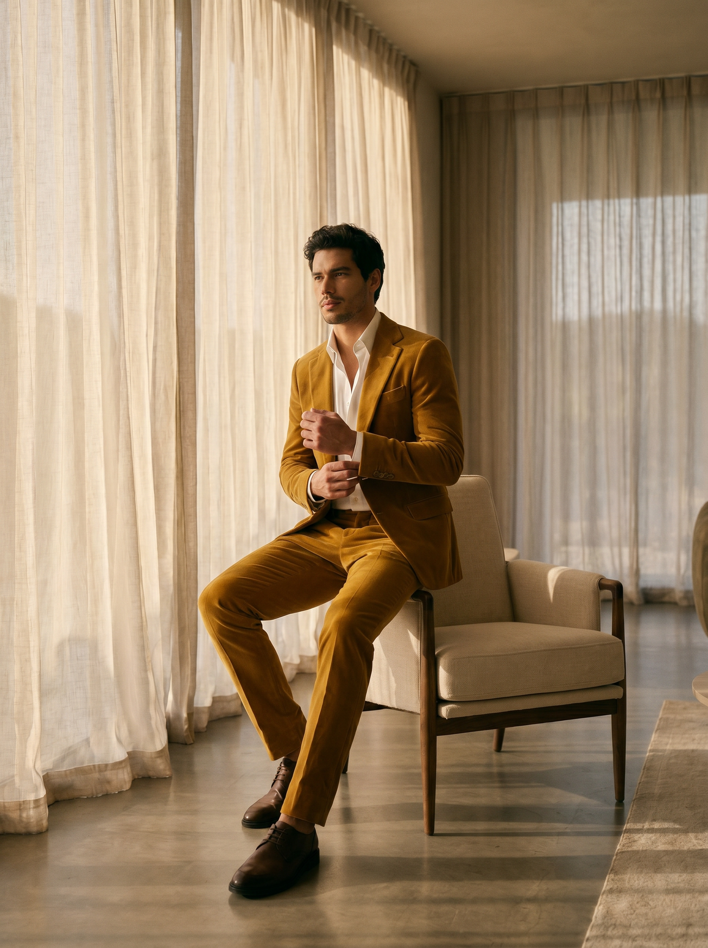 Mustard Velvet Suit — Custom Made to Measure - seated view