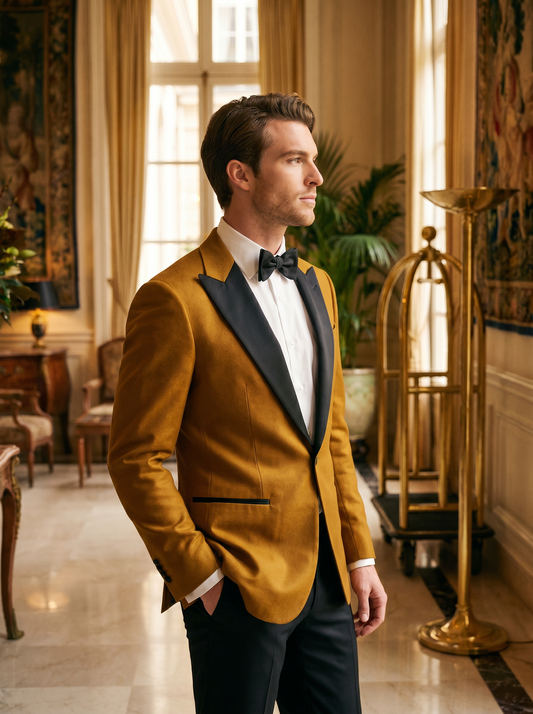Mustard Wool Black Tie Suit — Custom Made to Measure - side view