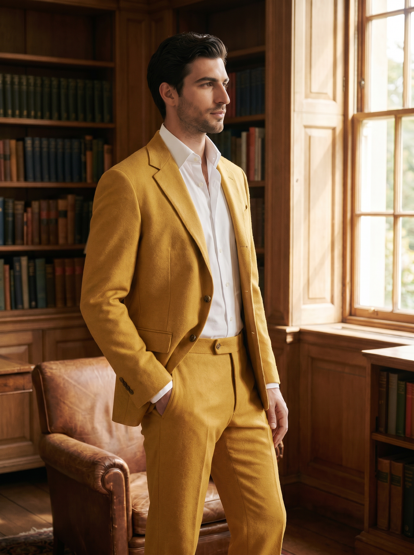 Mustard Wool Groomsmen Suit — Custom Made to Measure - side view