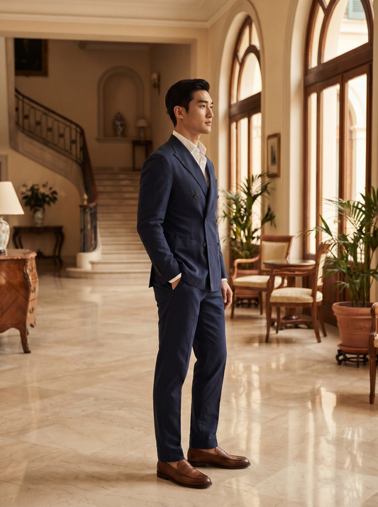 Navy Blue Cotton Double Breasted Suit — Custom Made to Measure - side view