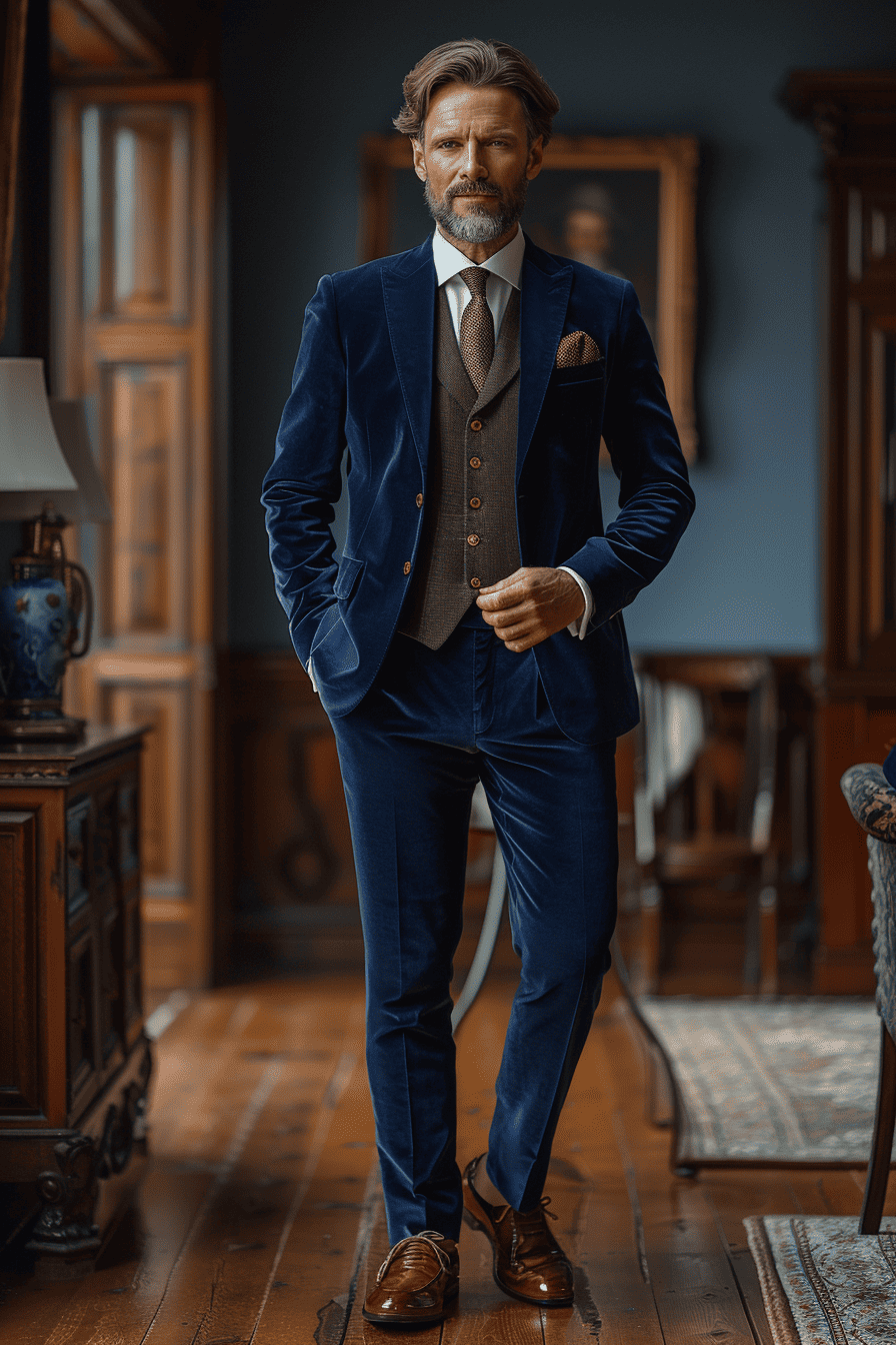 Navy Blue Velvet Cocktail Party Suit — Custom Made to Measure