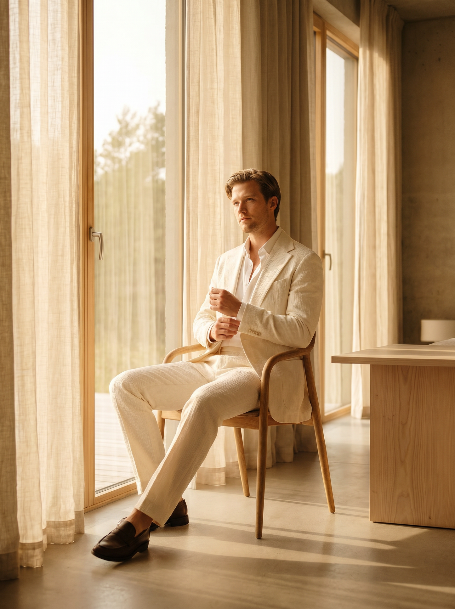Off-White Cotton Suit — Custom Made to Measure - seated view