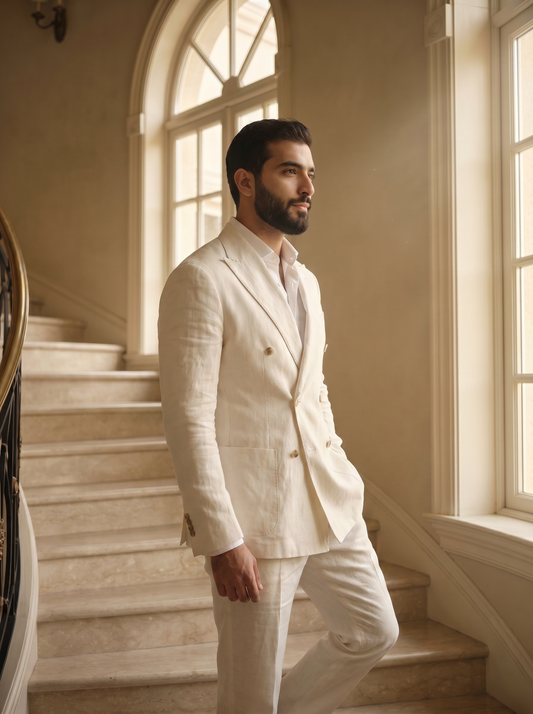 Off-White Linen Double Breasted Suit — Custom Made to Measure - side view