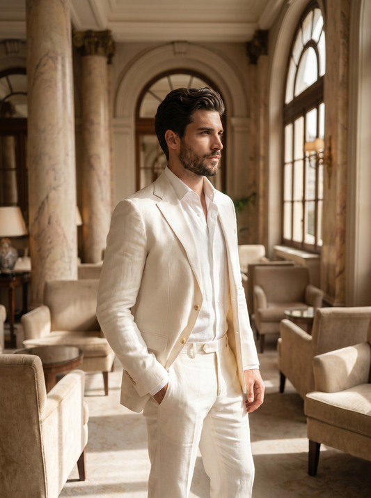 Off-White Linen Groomsmen Suit — Custom Made to Measure - side view