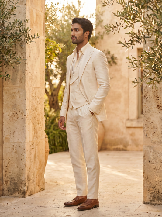 Off-White Silk Blend 3-Piece Suit — Custom Made to Measure - side view