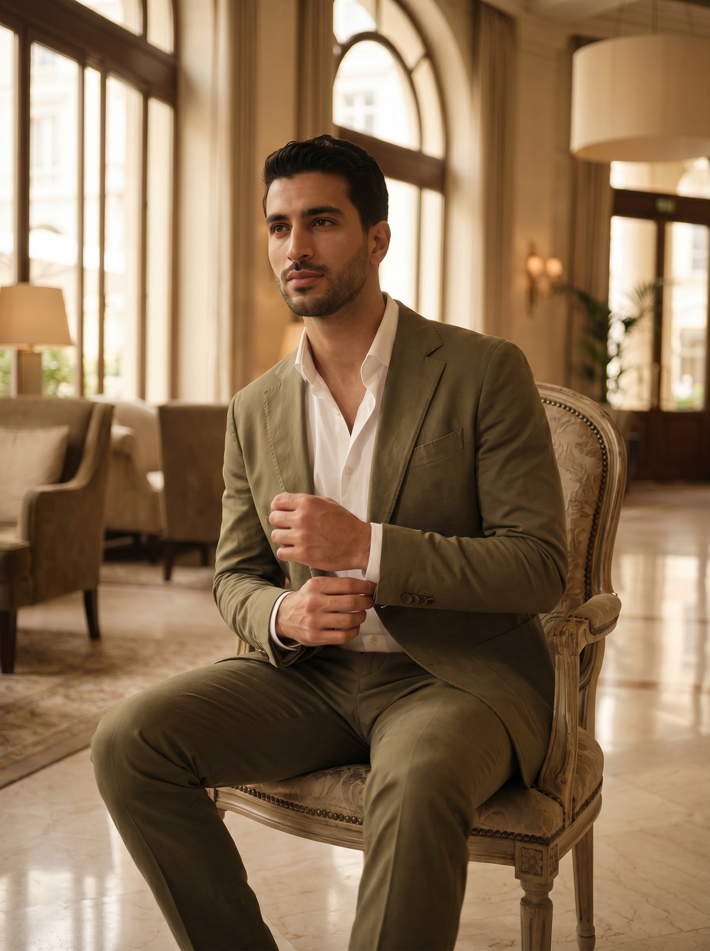 Olive Cotton Suit — Custom Made to Measure - seated view