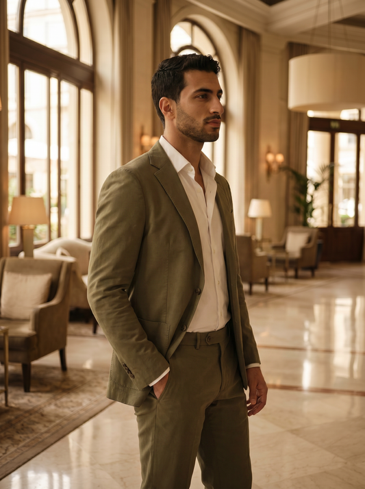 Olive Cotton Suit — Custom Made to Measure - side view