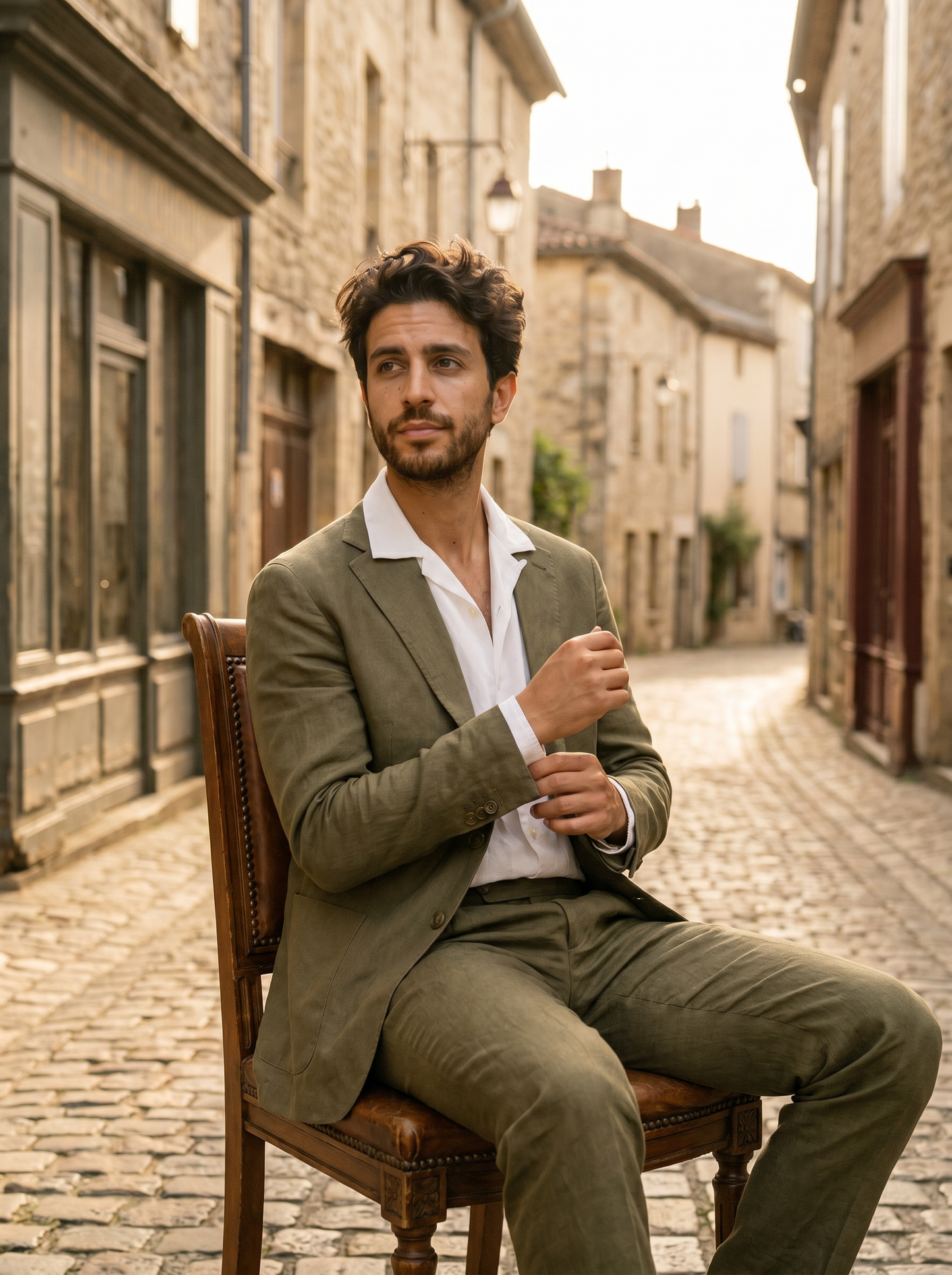 Olive Linen Suit — Custom Made to Measure - seated view