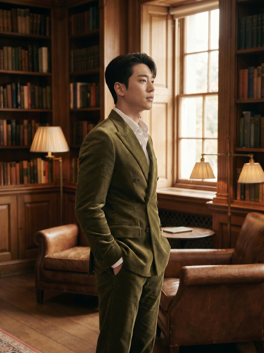 Olive Velvet Double Breasted Suit — Custom Made to Measure - side view