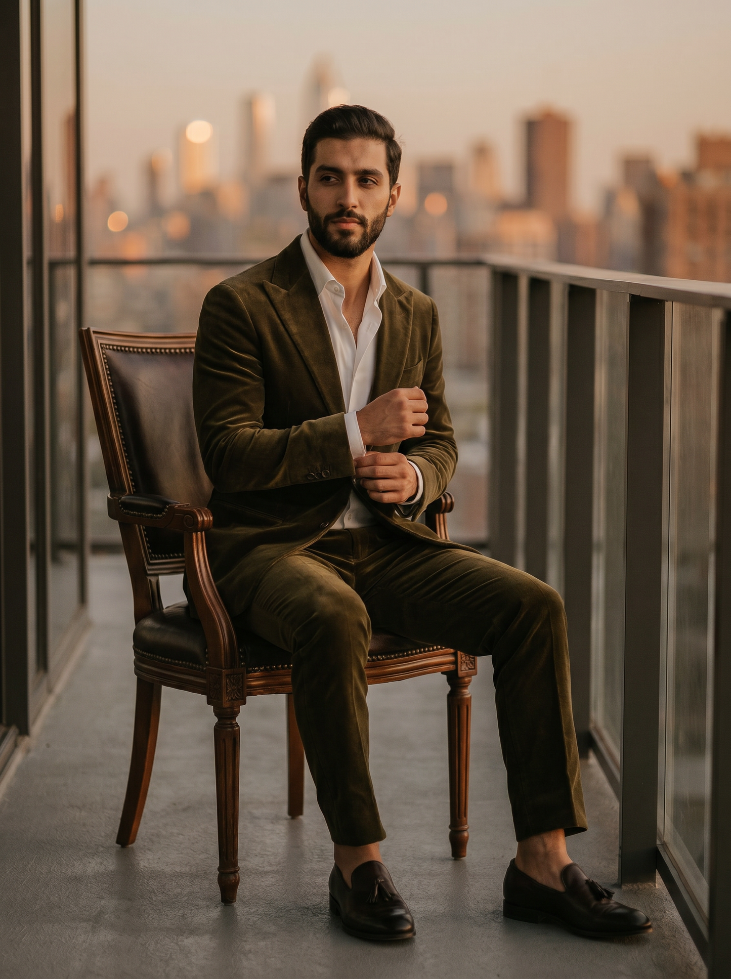 Olive Velvet Suit — Custom Made to Measure - seated view