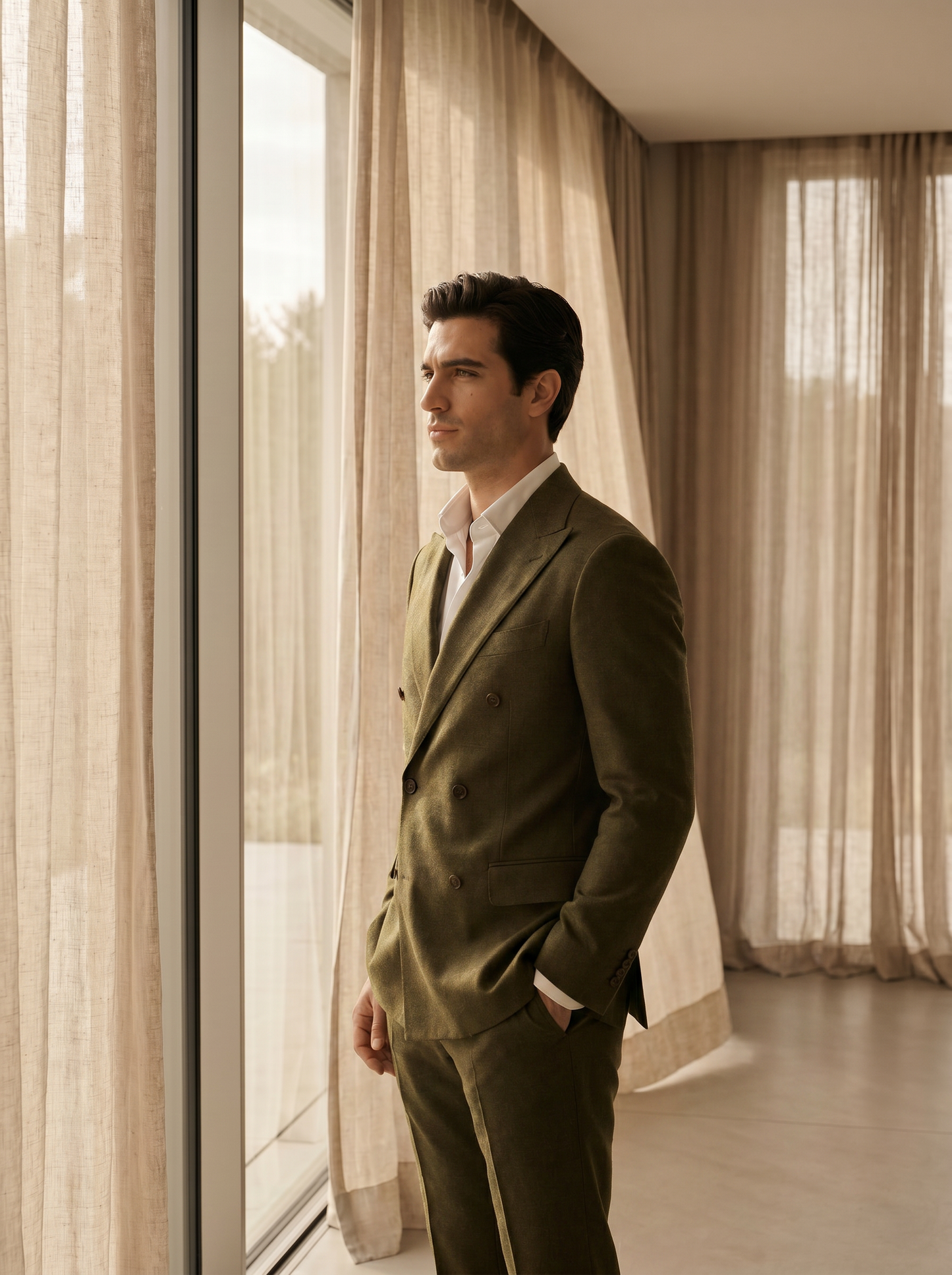 Olive Wool Double Breasted Suit — Custom Made to Measure - side view