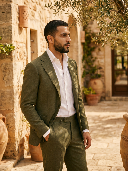 Olive Wool Suit — Custom Made to Measure - side view
