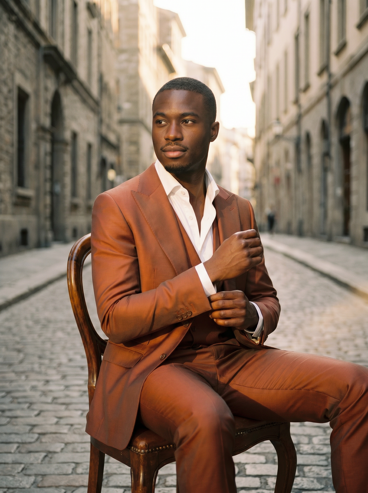 Orange Silk Blend 3-Piece Suit — Custom Made to Measure - seated view
