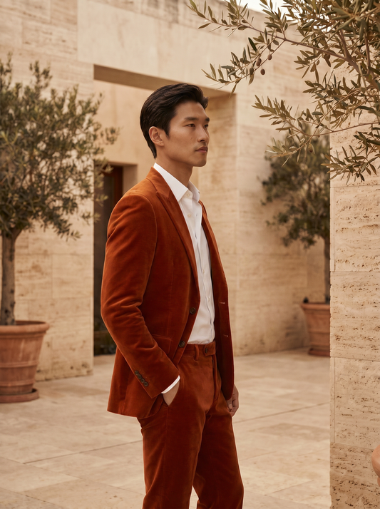 Orange Velvet Groomsmen Suit — Custom Made to Measure - side view