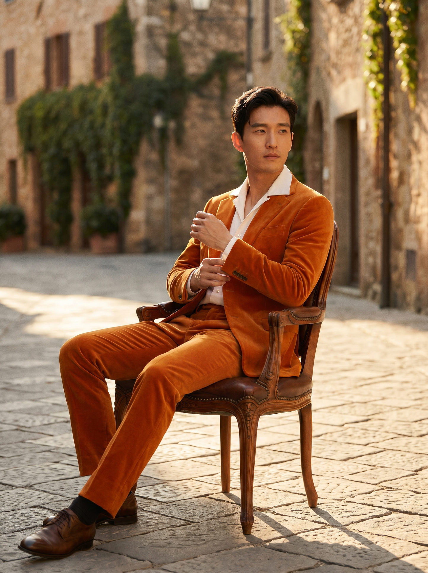 Orange Velvet Suit — Custom Made to Measure - seated view