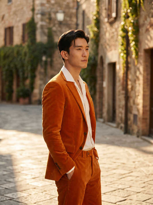Orange Velvet Suit — Custom Made to Measure - side view