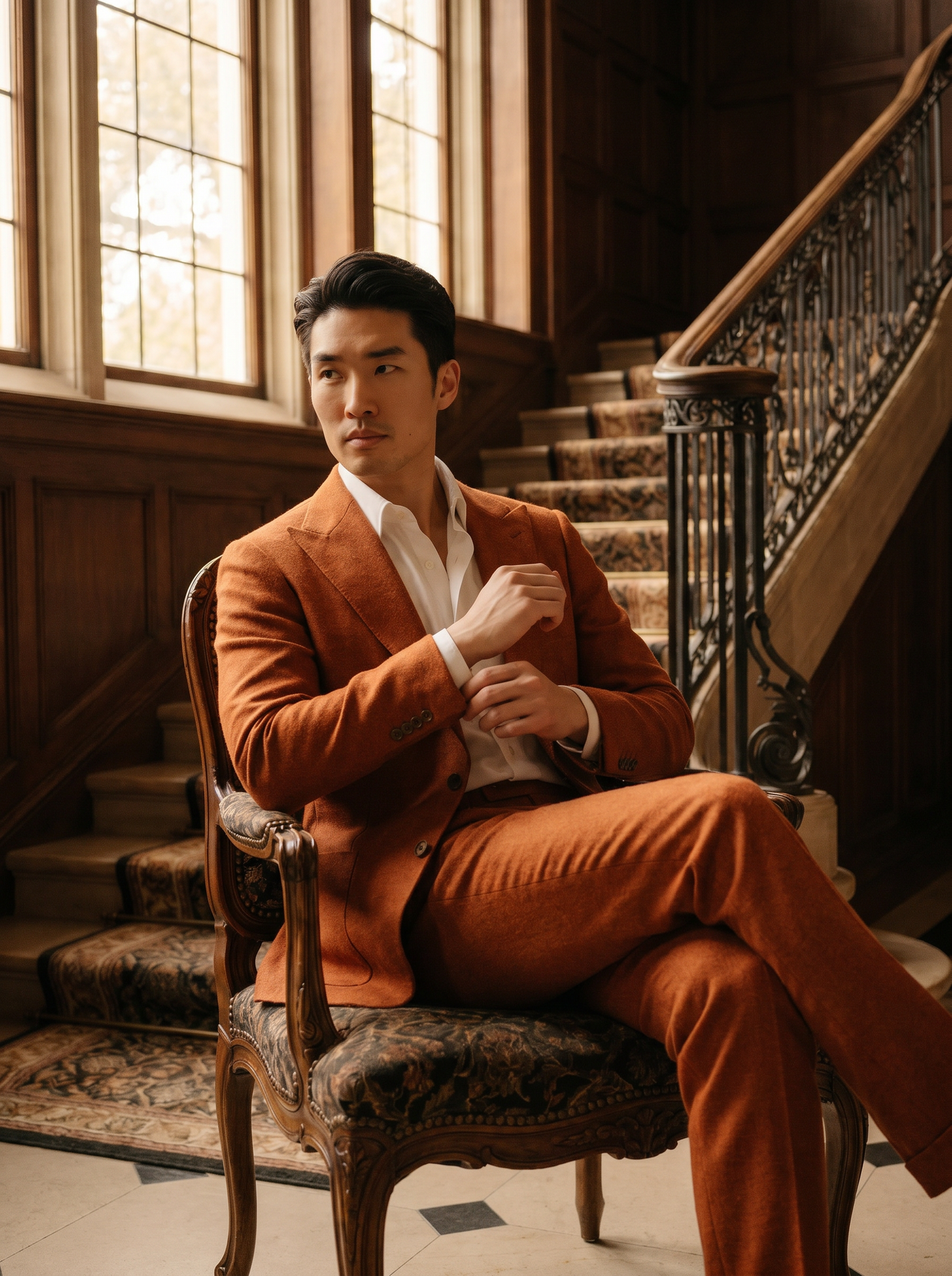 Orange Wool Suit — Custom Made to Measure - seated view