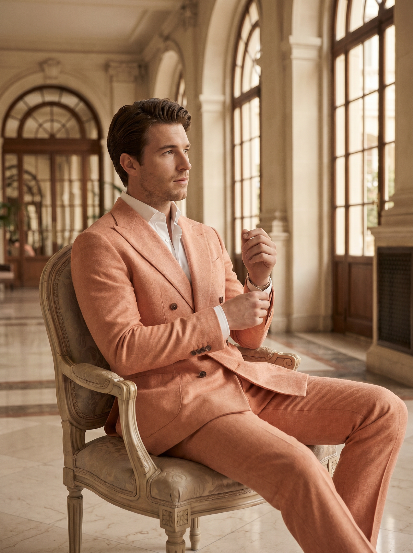 Peach Wool Double Breasted Suit — Custom Made to Measure - seated view
