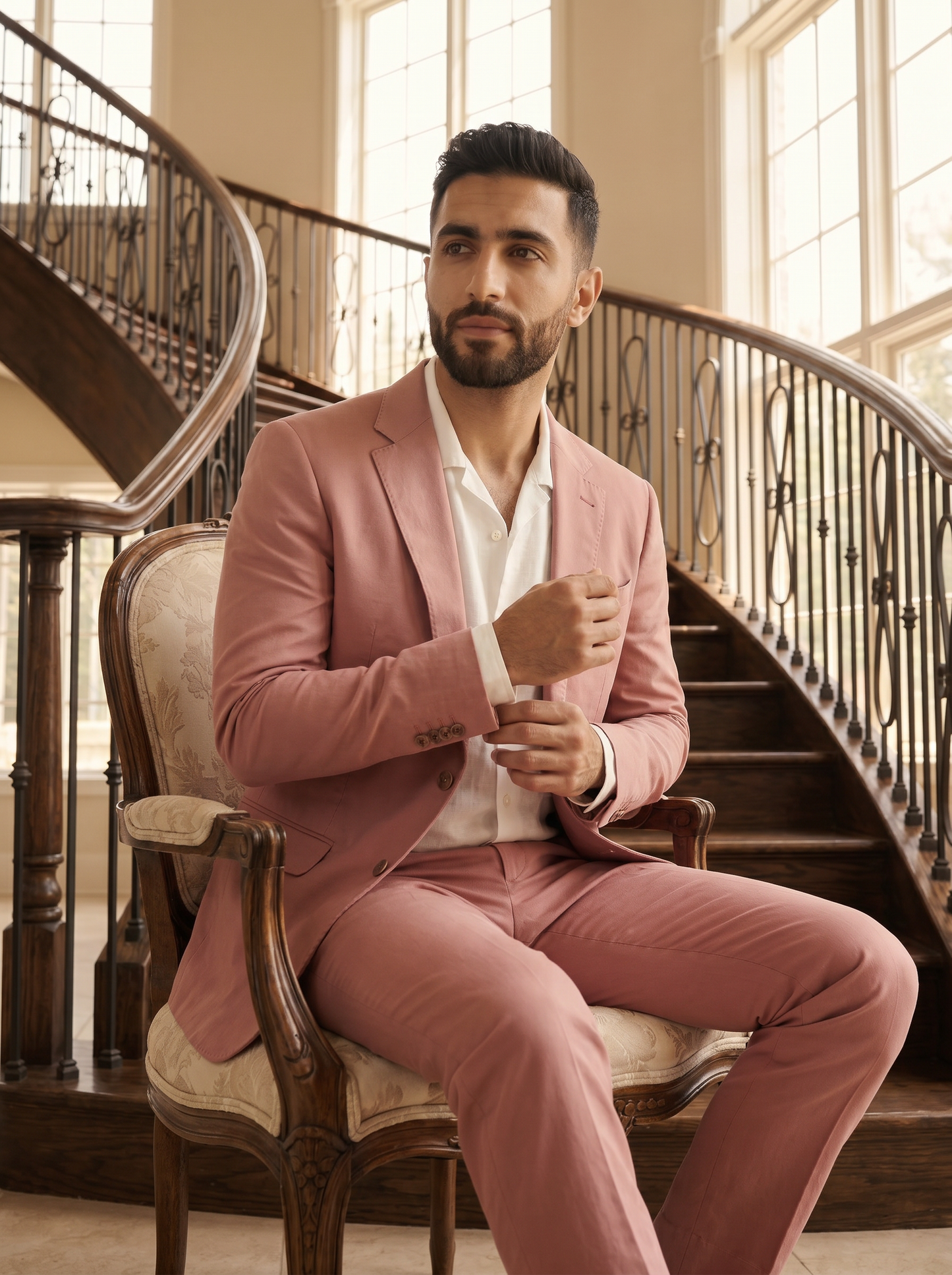 Pink Cotton Graduation Suit — Custom Made to Measure - seated view