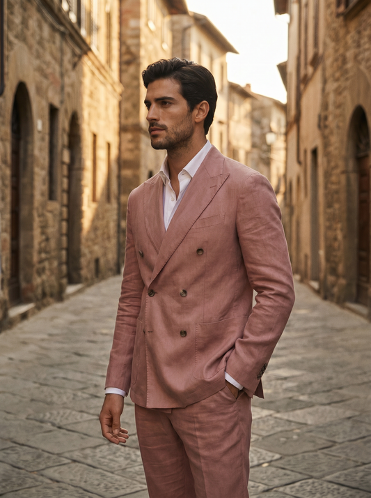 Pink Linen Double Breasted Suit — Custom Made to Measure - side view