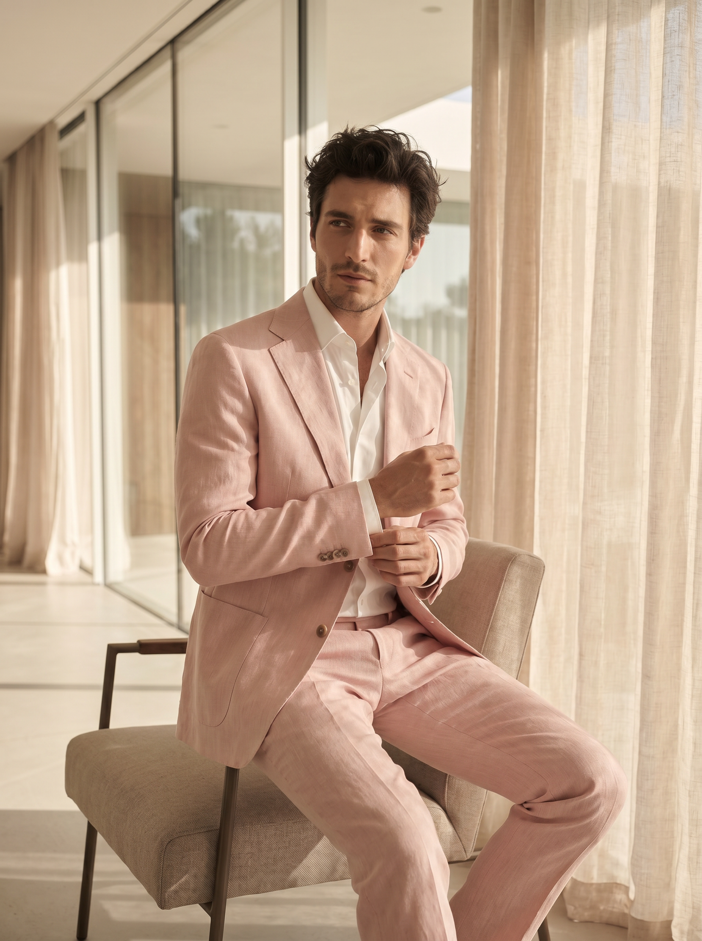 Pink Linen Groomsmen Suit — Custom Made to Measure - seated view