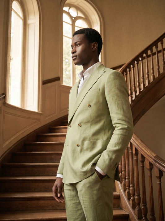 Pistachio Linen Double Breasted Suit — Custom Made to Measure - side view