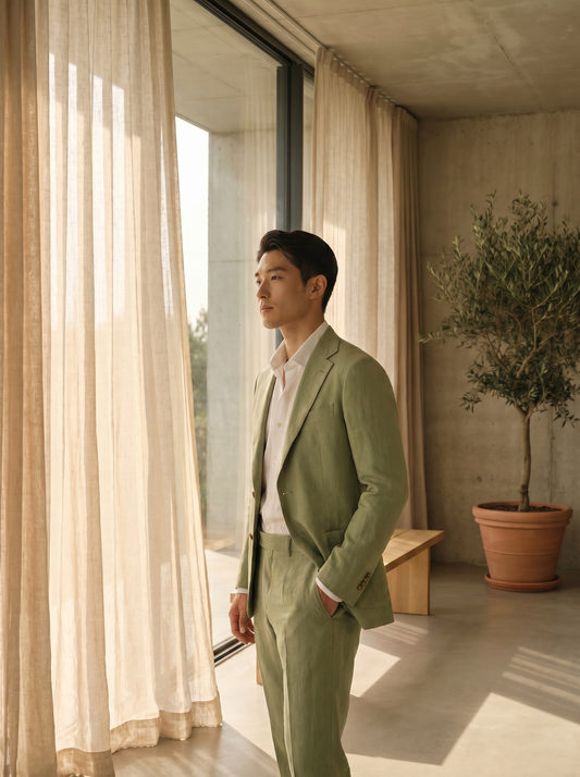 Pistachio Linen Suit — Custom Made to Measure - side view