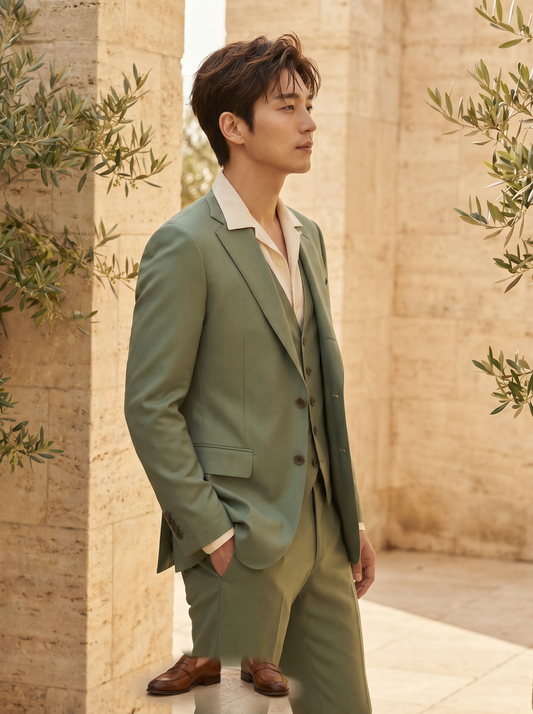 Pistachio Silk Blend 3-Piece Suit — Custom Made to Measure - side view