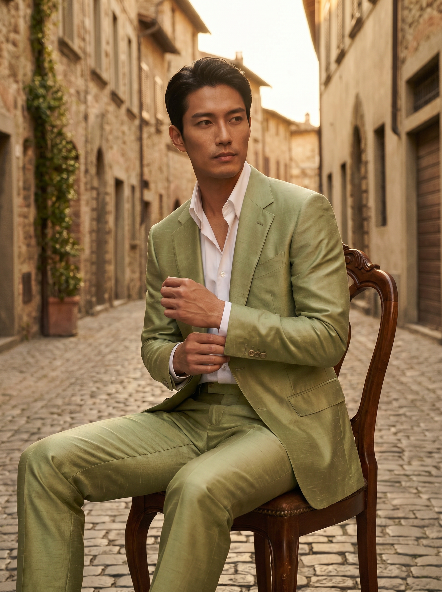 Pistachio Silk Blend Suit — Custom Made to Measure - seated view