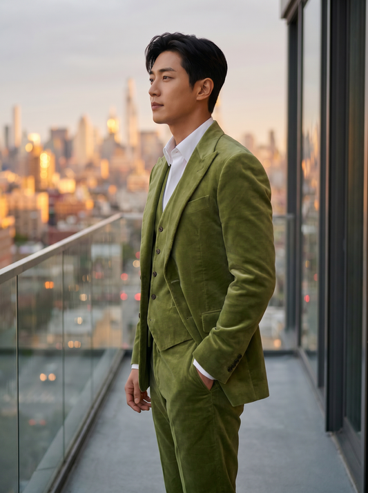 Pistachio Velvet 3-Piece Suit — Custom Made to Measure - side view