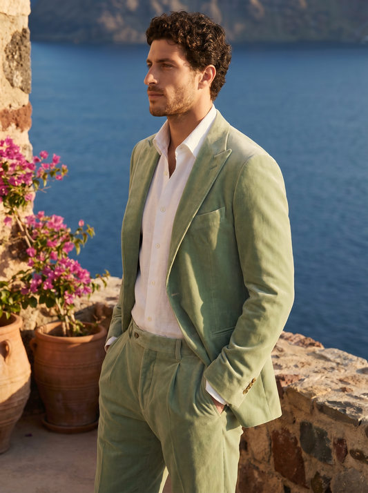 Pistachio Velvet Groomsmen Suit — Custom Made to Measure - side view