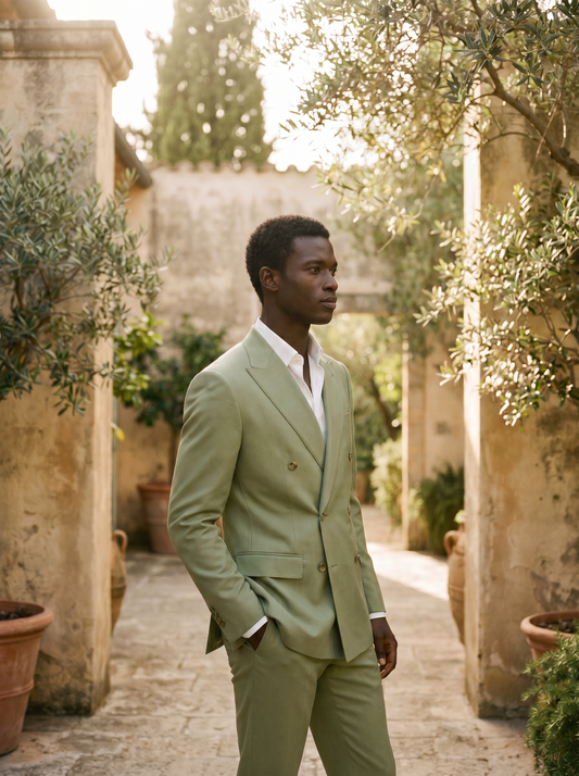 Pistachio Wool Double Breasted Suit — Custom Made to Measure - side view