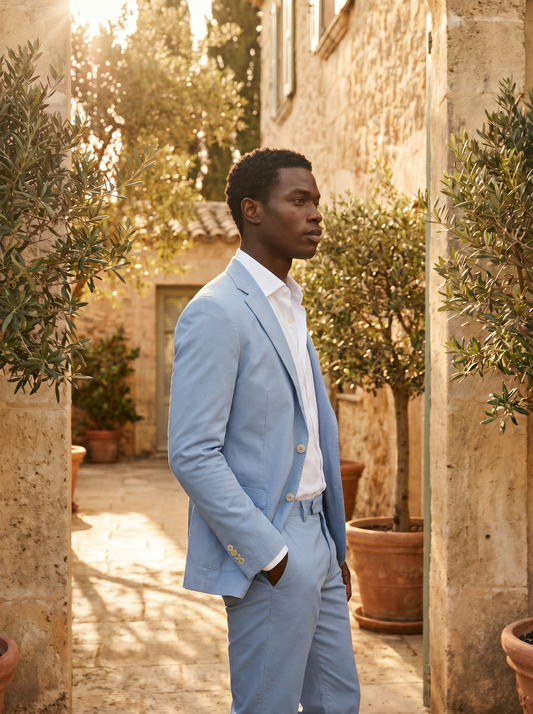 Powder Blue Cotton Groomsmen Suit — Custom Made - side view