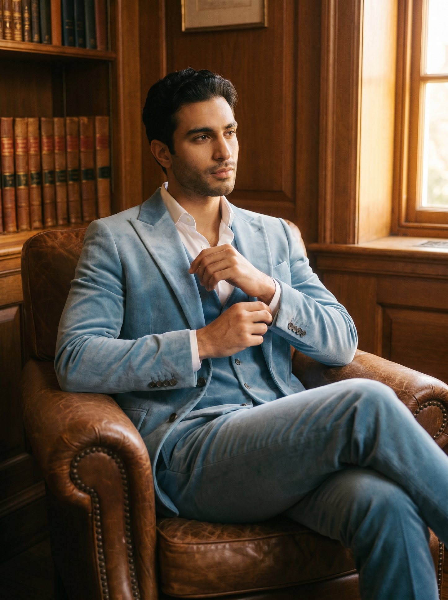 Powder Blue Velvet 3-Piece Suit — Custom Made to Measure - seated view