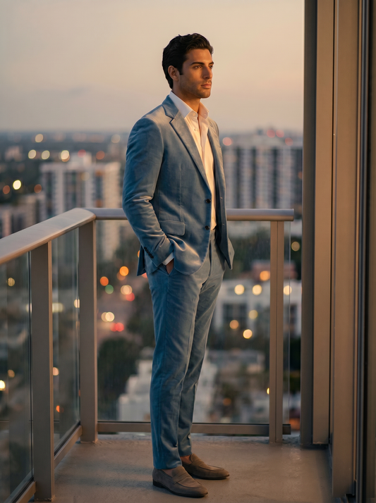Powder Blue Velvet Groomsmen Suit — Custom Made to Measure - side view