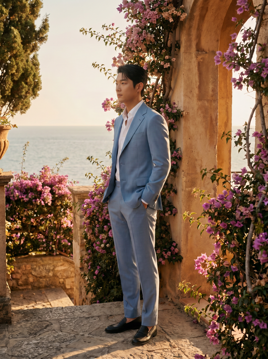 Powder Blue Wool Groomsmen Suit — Custom Made to Measure - side view