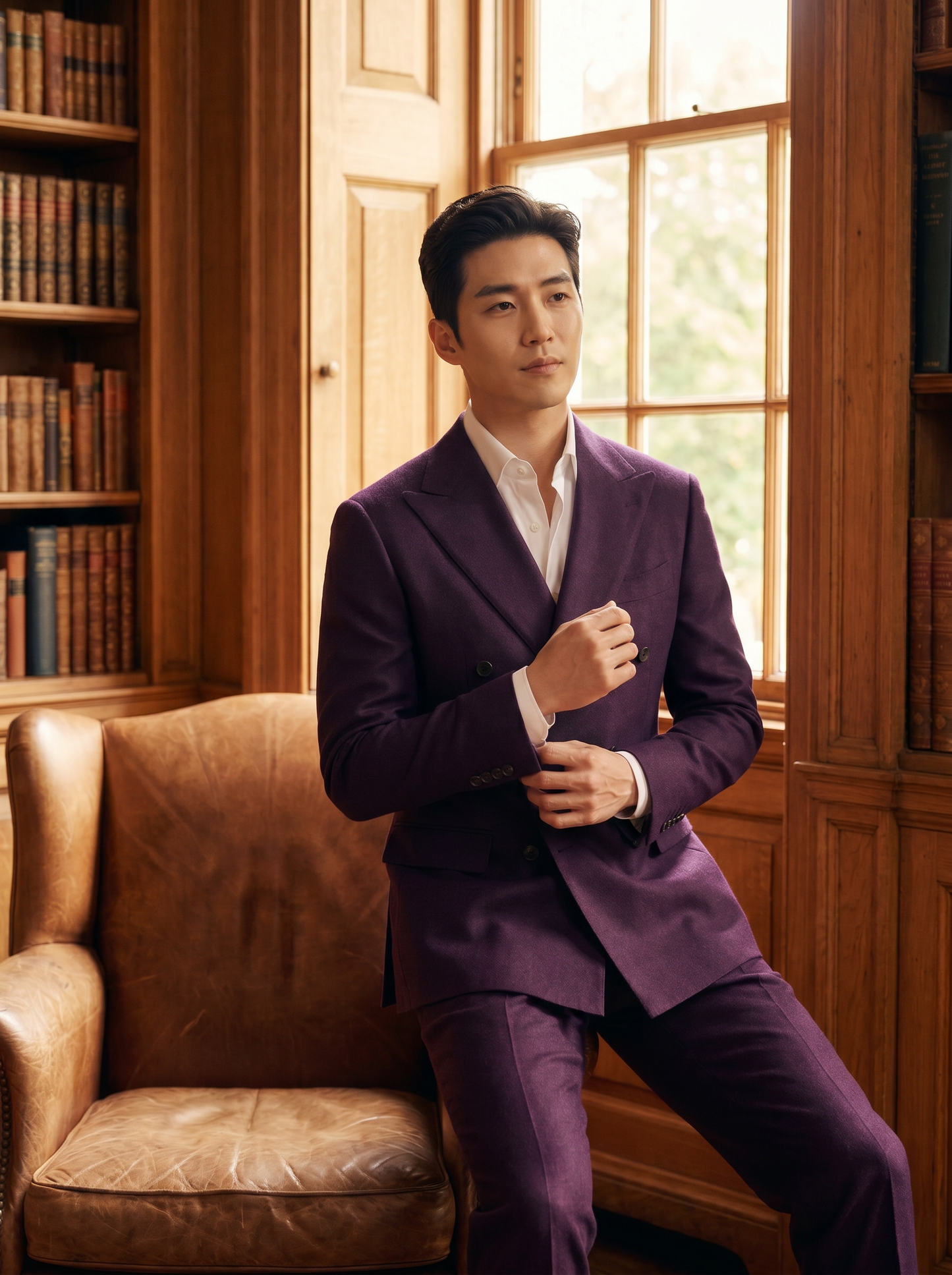 Purple Wool Double Breasted Suit — Custom Made to Measure - seated view