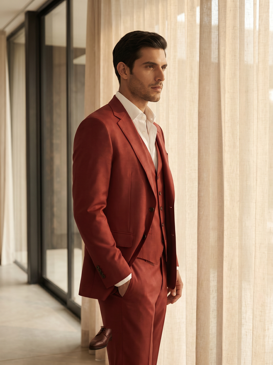 Red Silk Blend 3-Piece Suit — Custom Made to Measure - side view