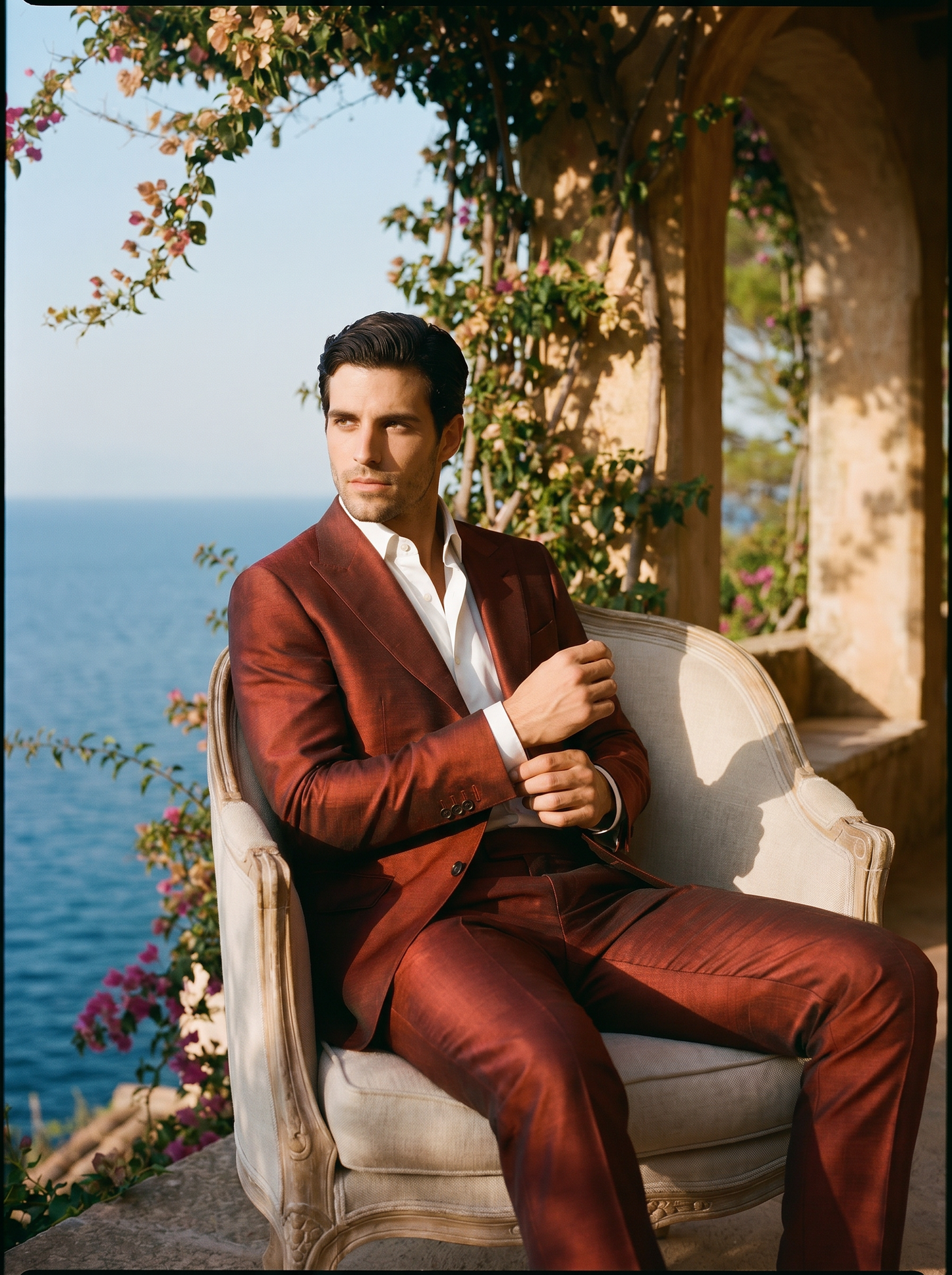Red Silk Blend Suit — Custom Made to Measure - seated view