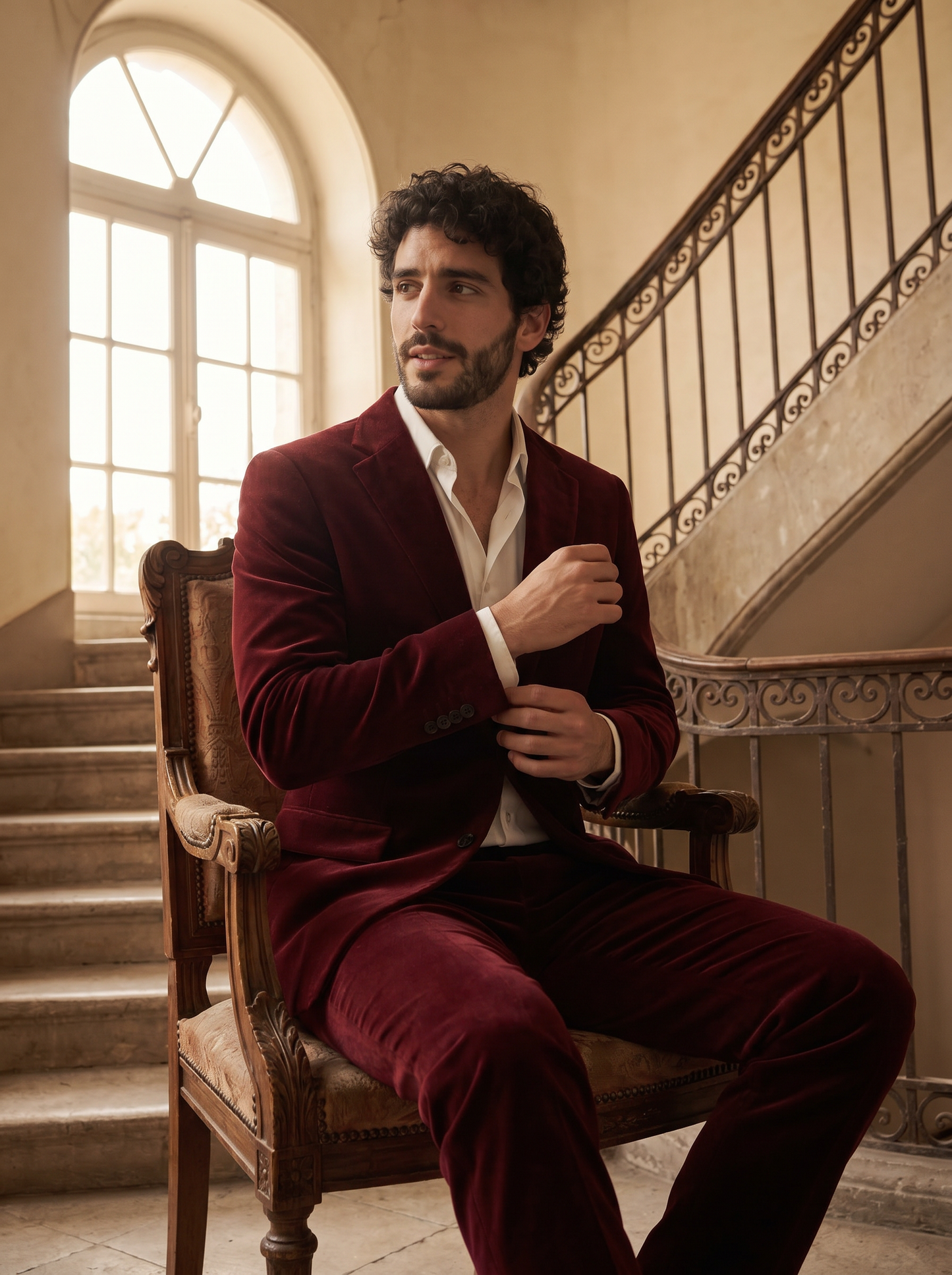 Red Velvet Suit — Custom Made to Measure - seated view