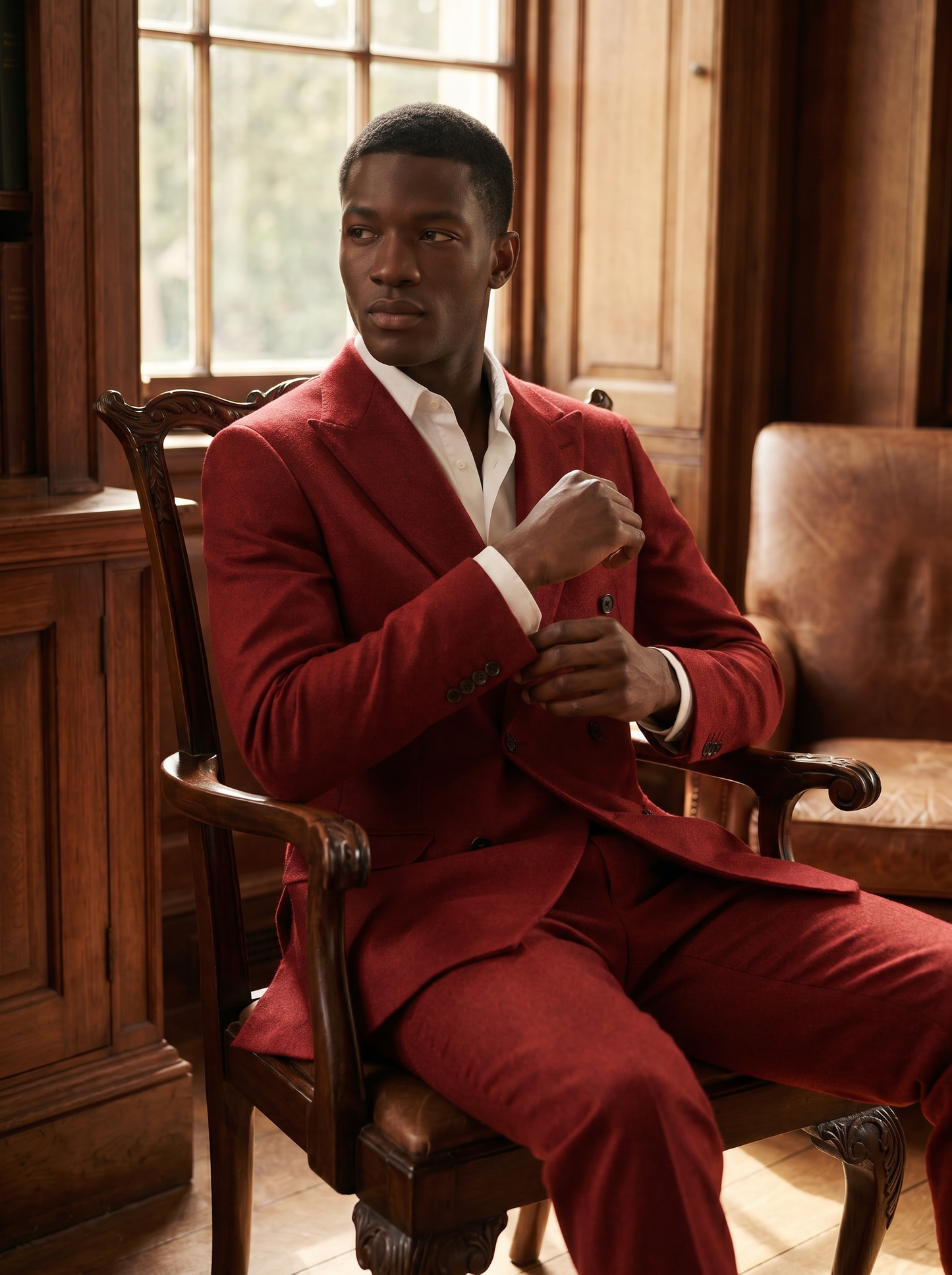 Red Wool Double Breasted Suit — Custom Made to Measure - seated view