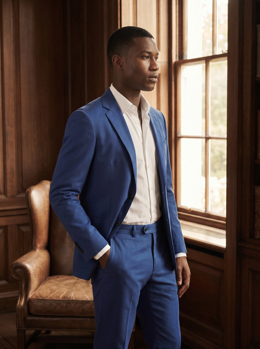 Royal Blue Cotton Suit — Custom Made to Measure - side view