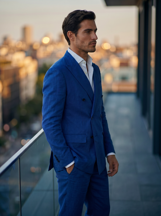 Royal Blue Linen Double Breasted Suit — Custom Made to Measure - side view